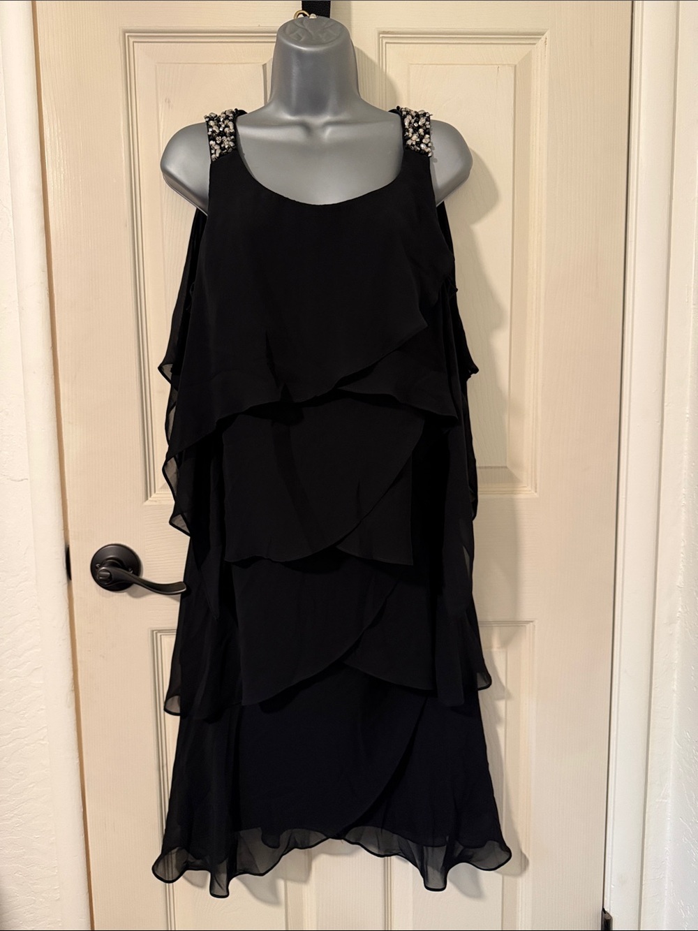 SLNY Black Tiered Chiffon Midi Dress with Beaded Straps